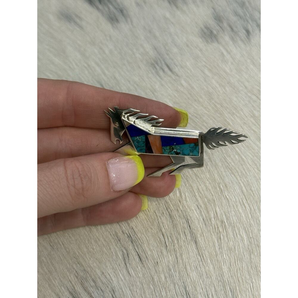Native American Sterling Silver Inlay Horse Pin Turquoise Coral Robert Vandover - Picture 8 of 15